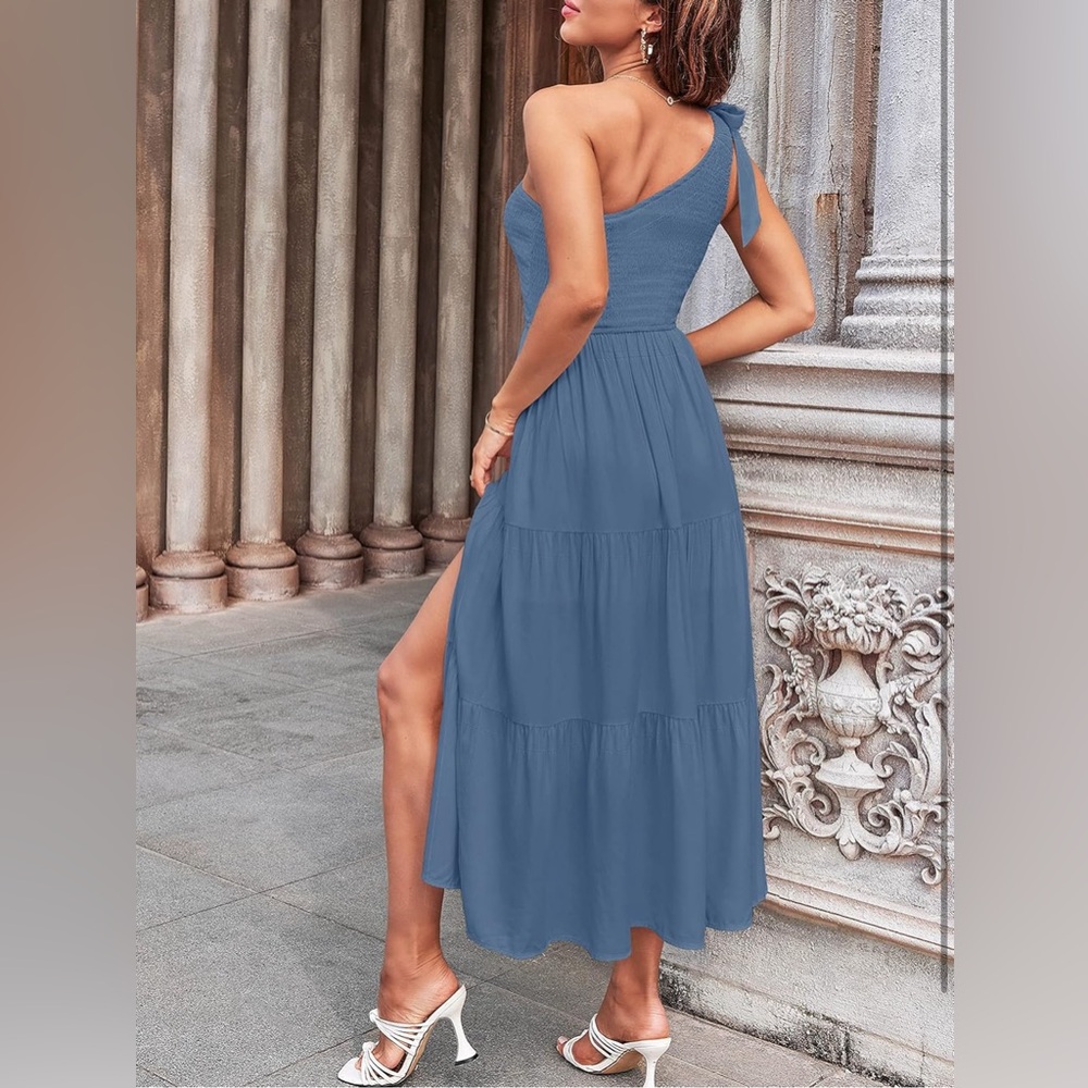 MEROKEETY One Shoulder Sleeveless Knot Smocked Split Tiered Flowy Midi Dress - Picture 4 of 14